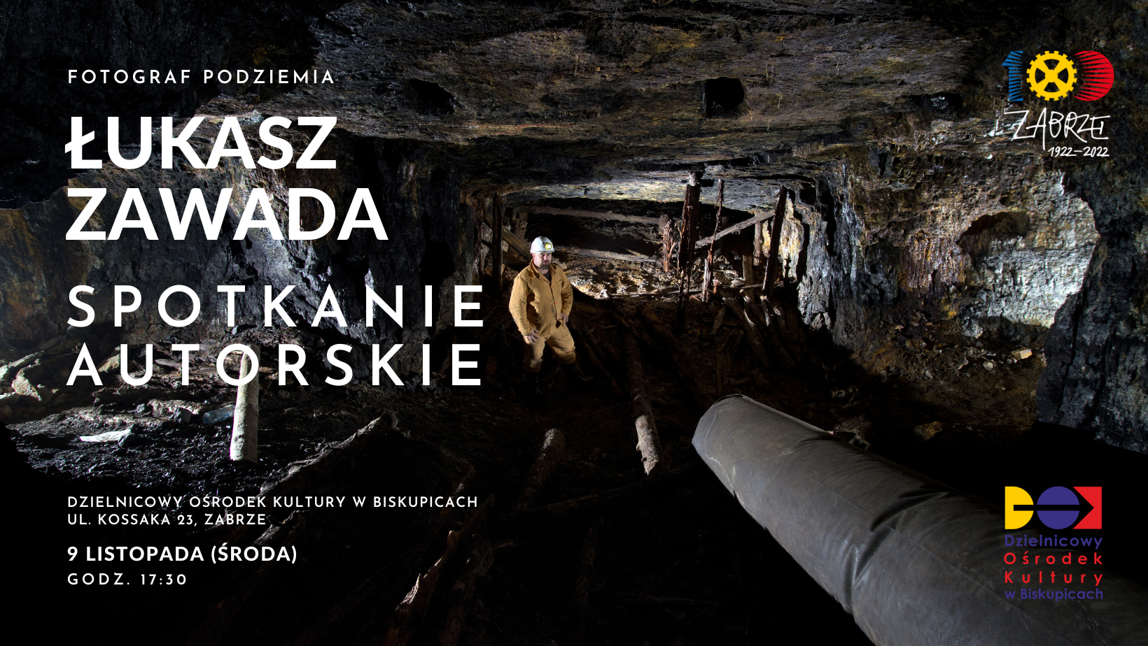 baner promujący spotkanie autorskie, przedstawiające górnika w kopalni