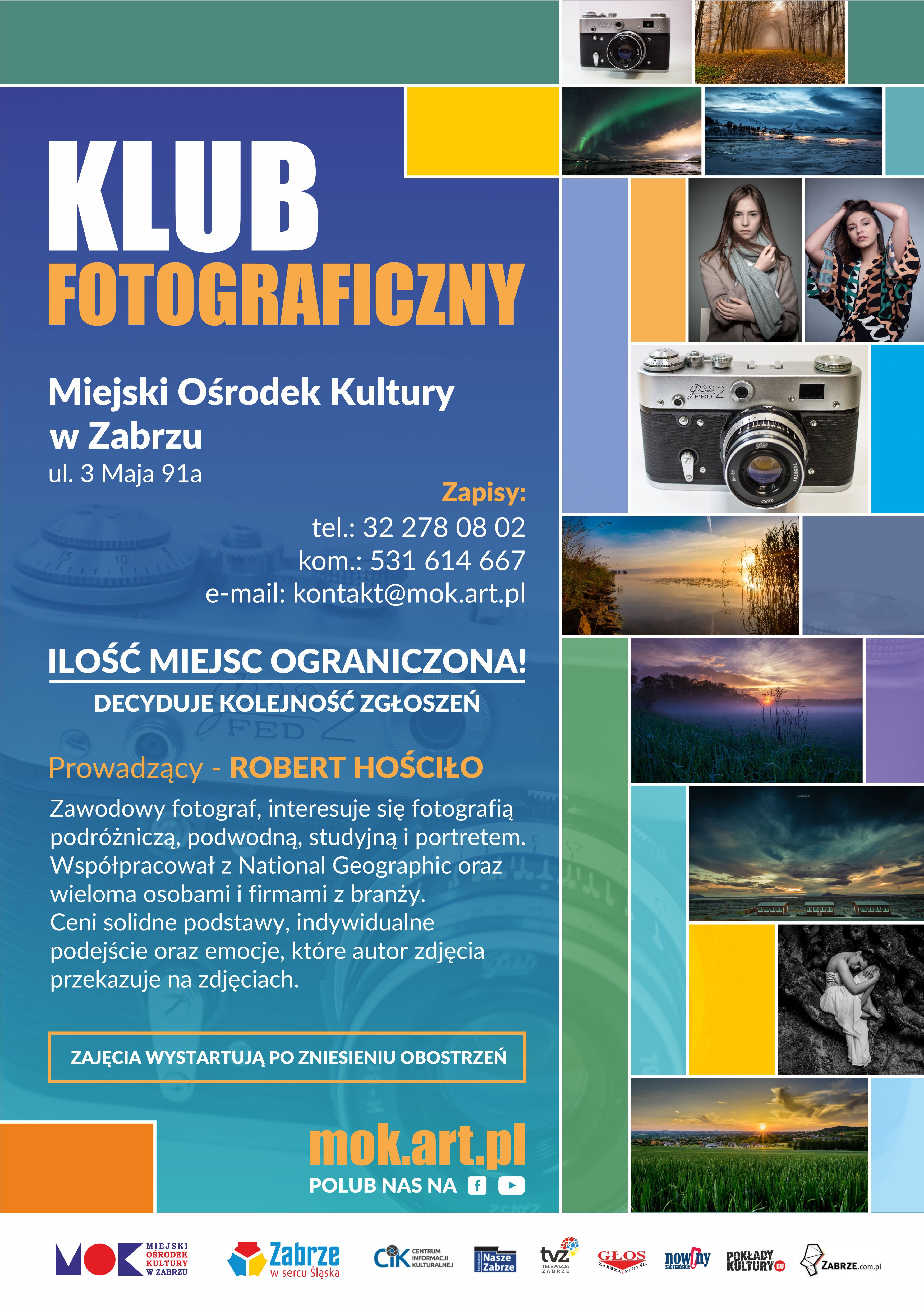 Plakat promujący Klub Fotograficzny, zawierający zdjęcia przedstawiające kobiety, krajobraz oraz aparat. 