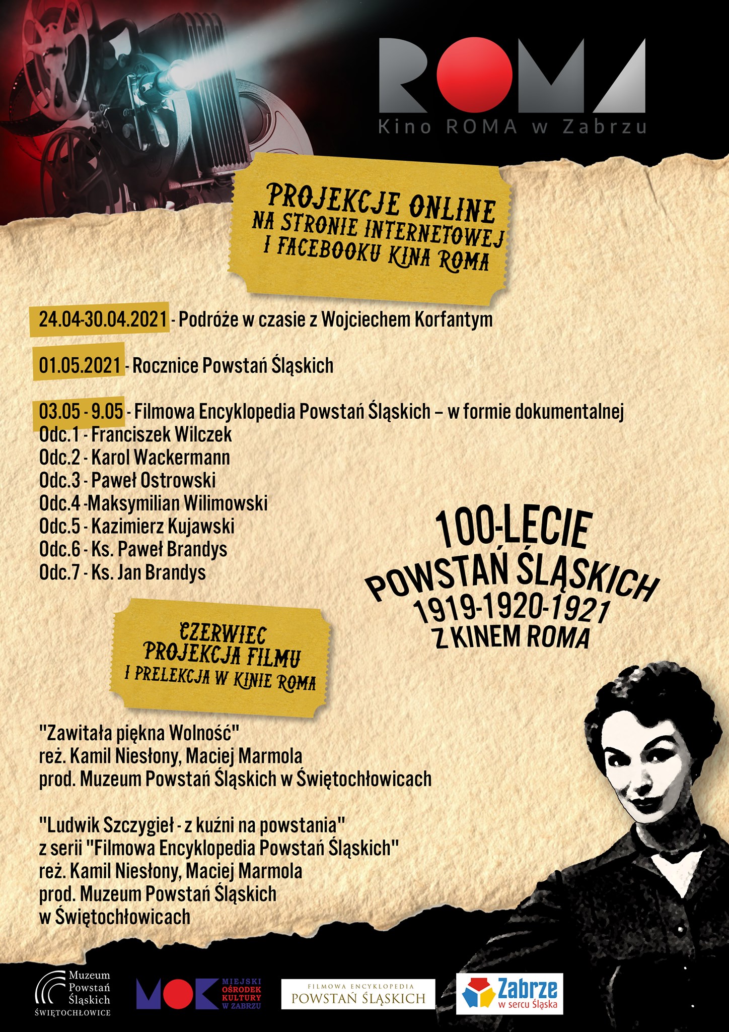 Plakat promujący projekcje filmów związanych z Powstaniami Śląskimi
