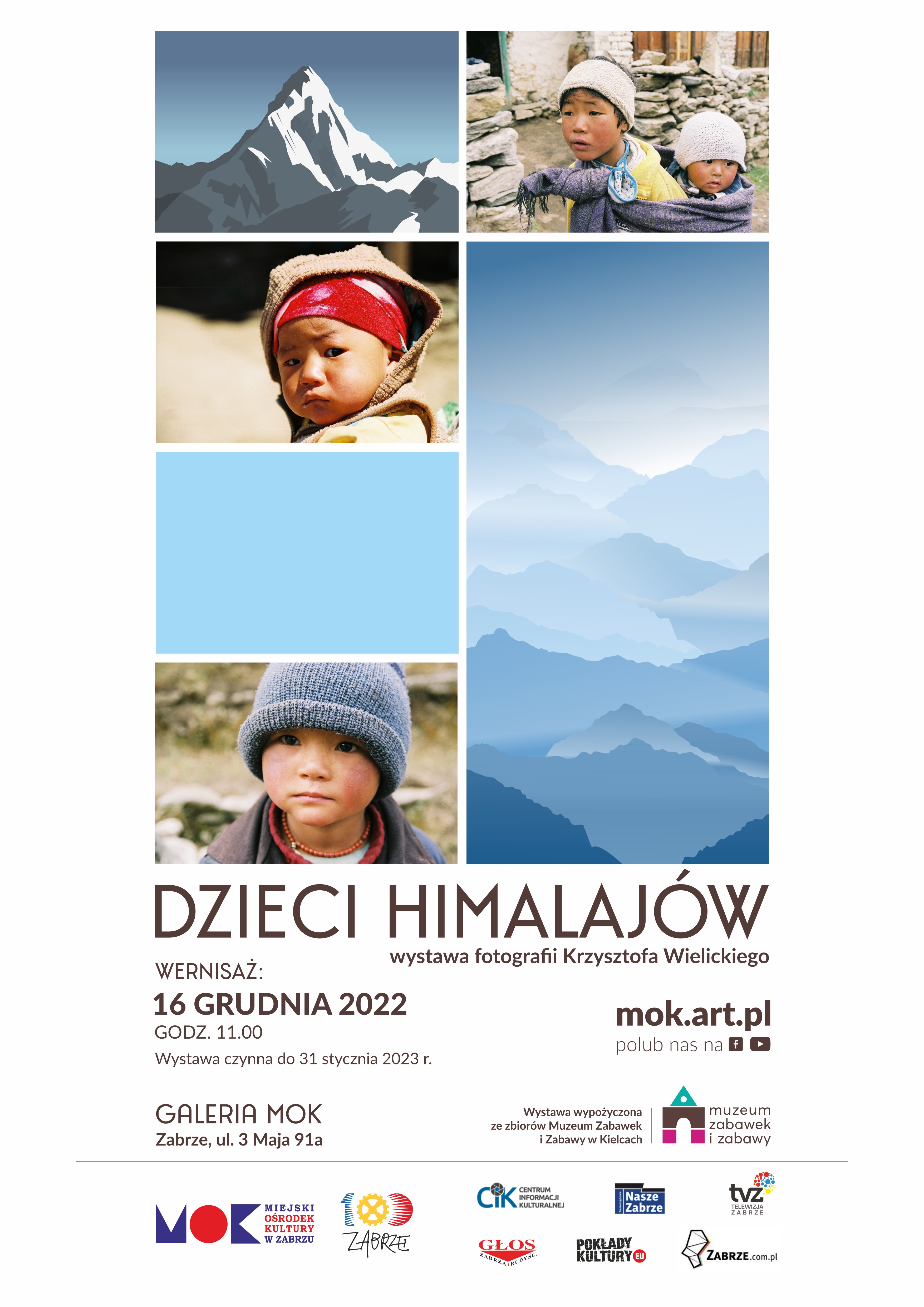 plakat promujący wystawę, niebieskie prostokąty, góry, portrety dzieci