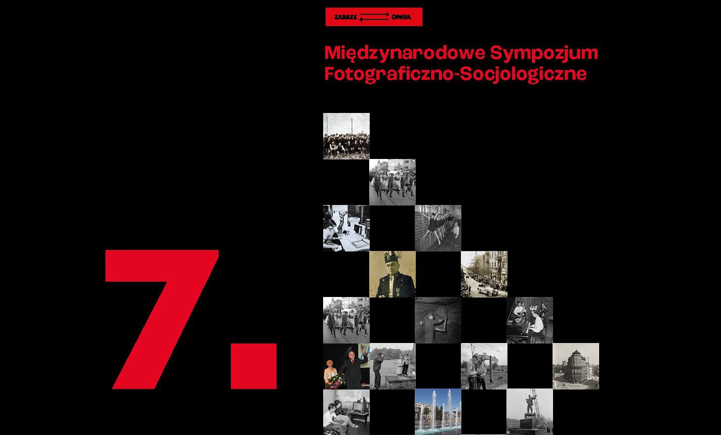 czarny plakat z czerwoną cyfrą 7, kompozycja z kwadratowych zdjęć