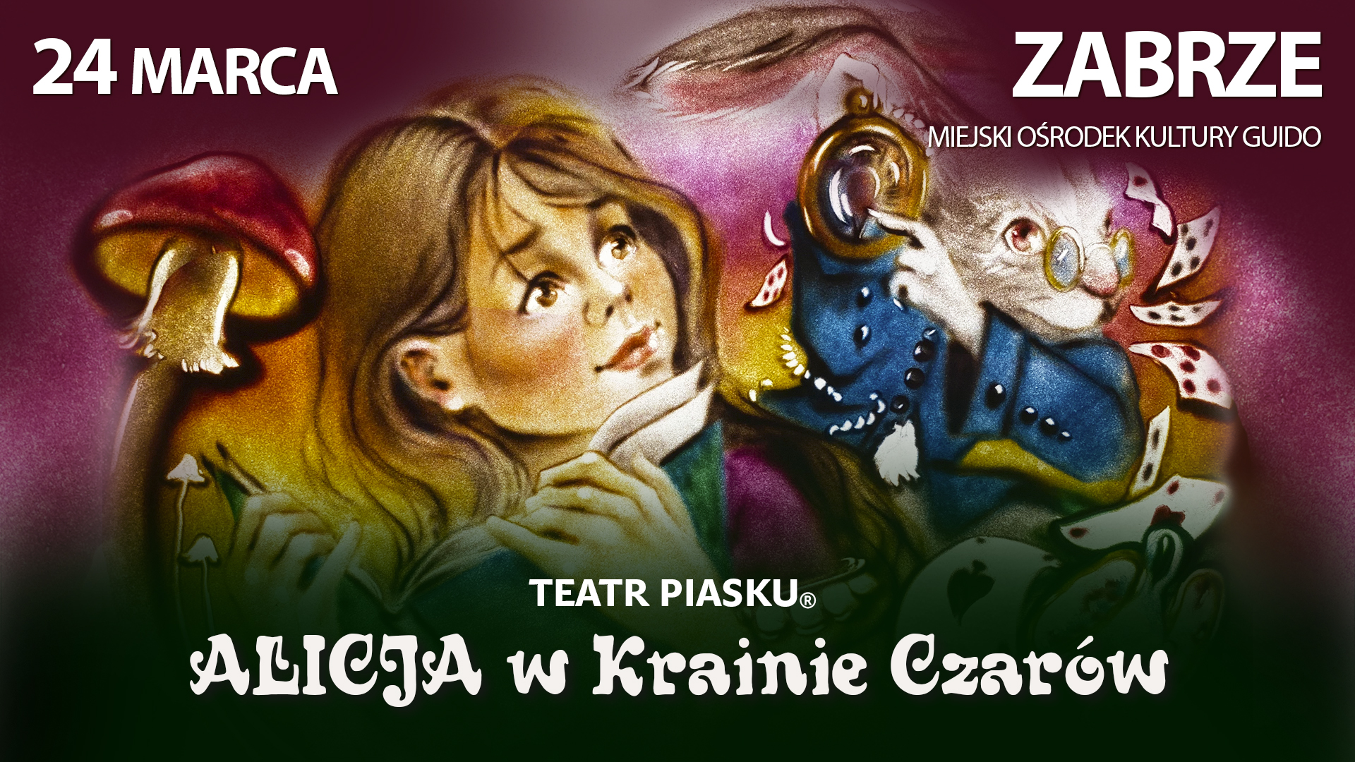 baner promujący spektakl Alicja w krainie czarów, dziewczynka, królik, karty