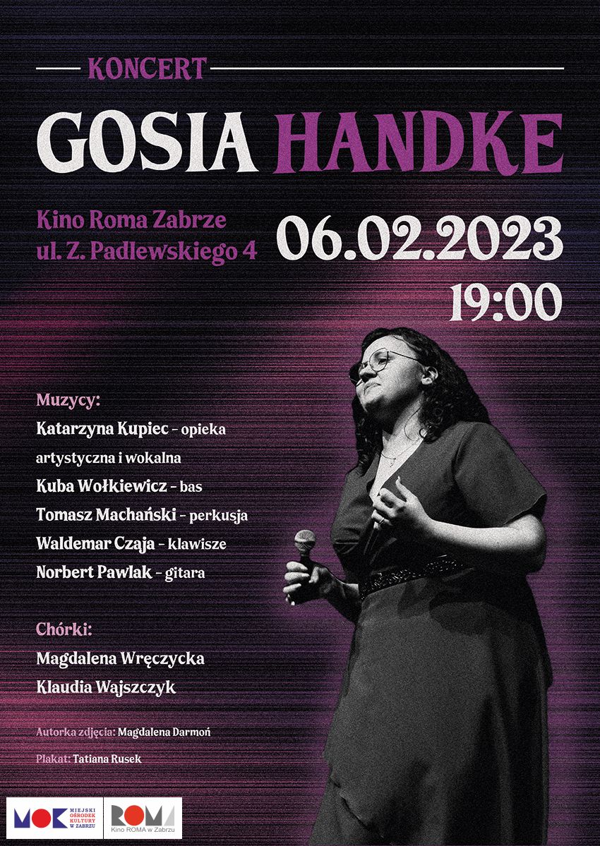 czarno-fioletowy plakat promujący koncert z wizerunkiem artystki