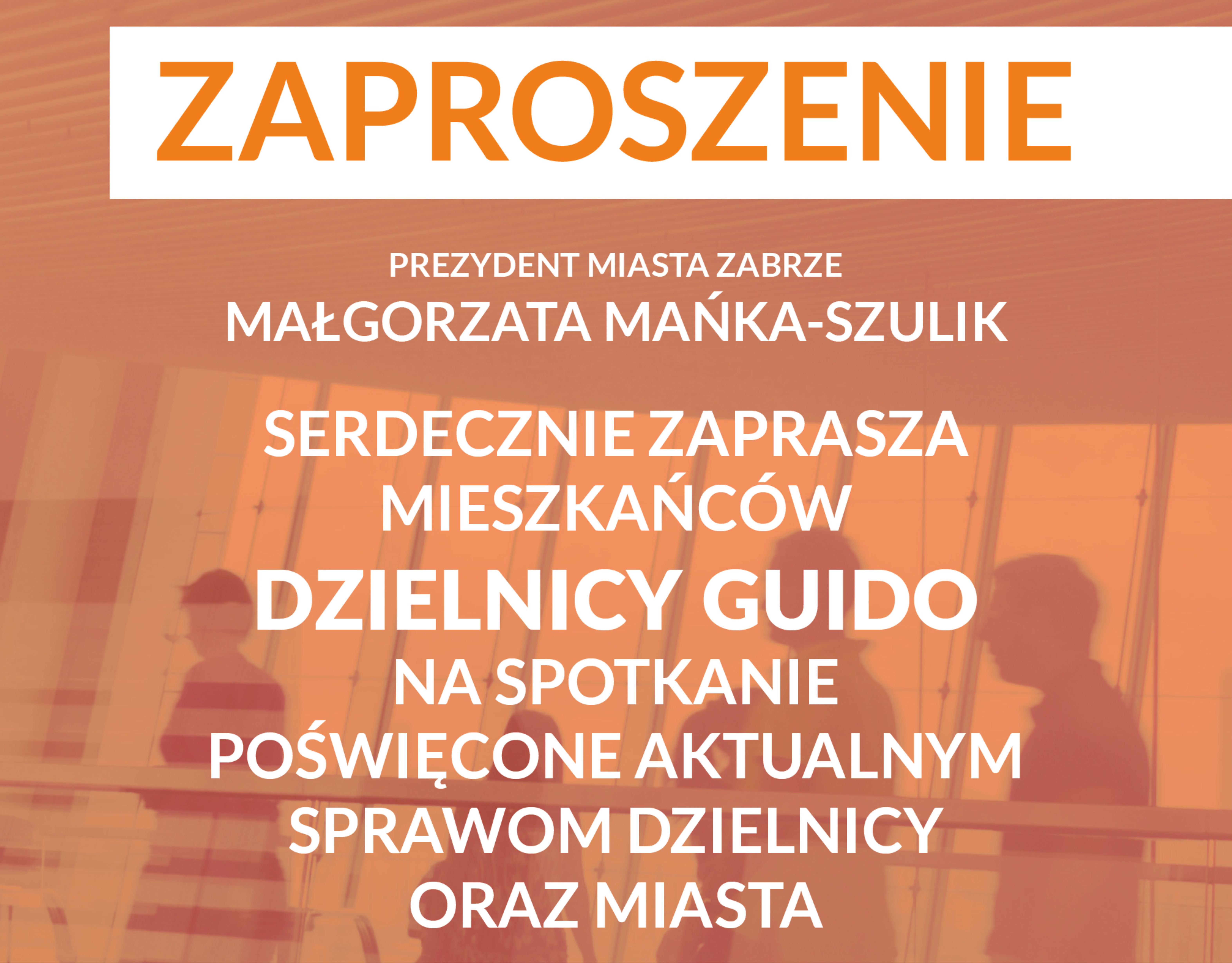 pomarańczowo-brązowy plakat informujący o spotkaniu dla mieszkańców dzielnicy Guido