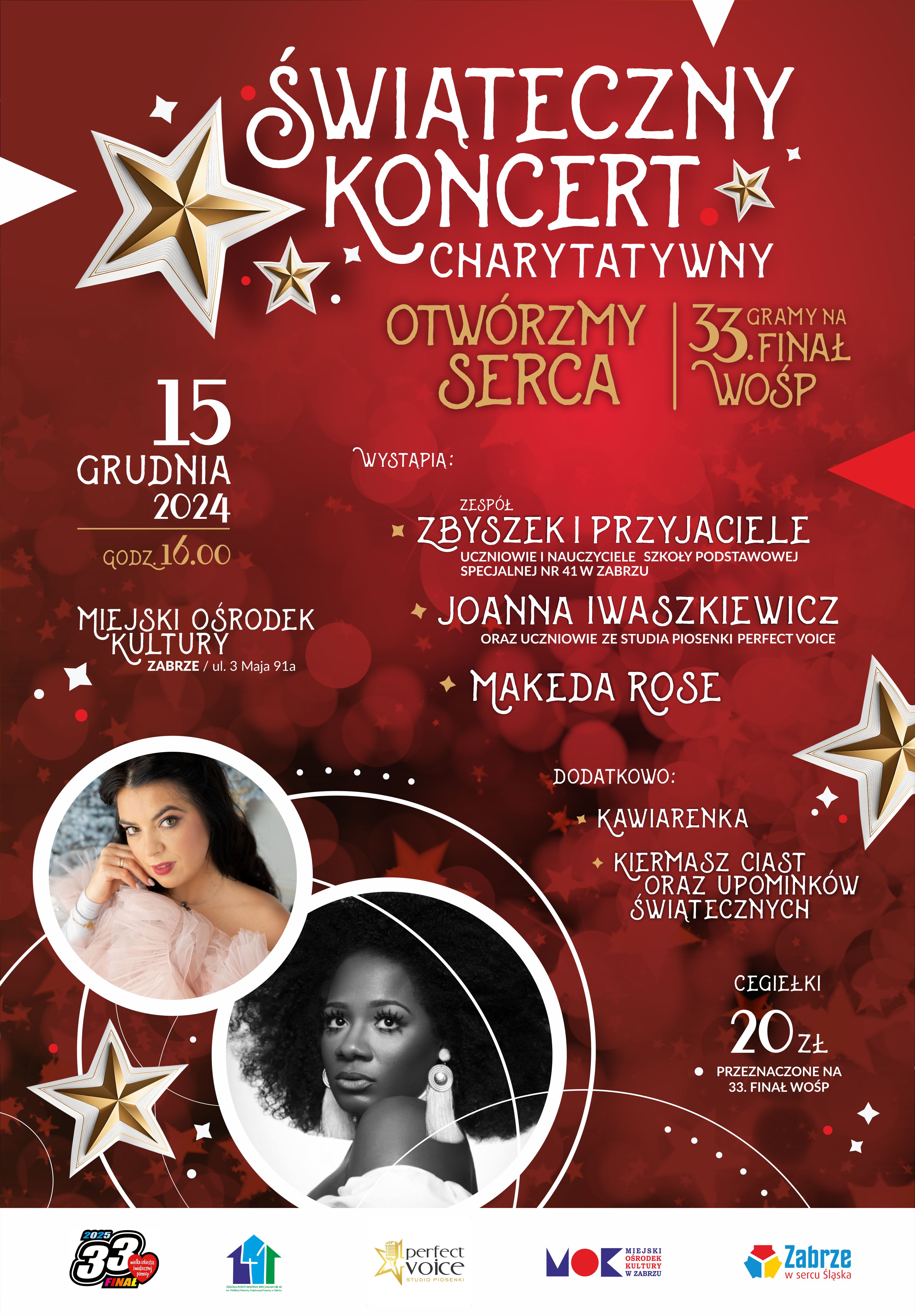 bordowy baner promujący koncert charytatywny