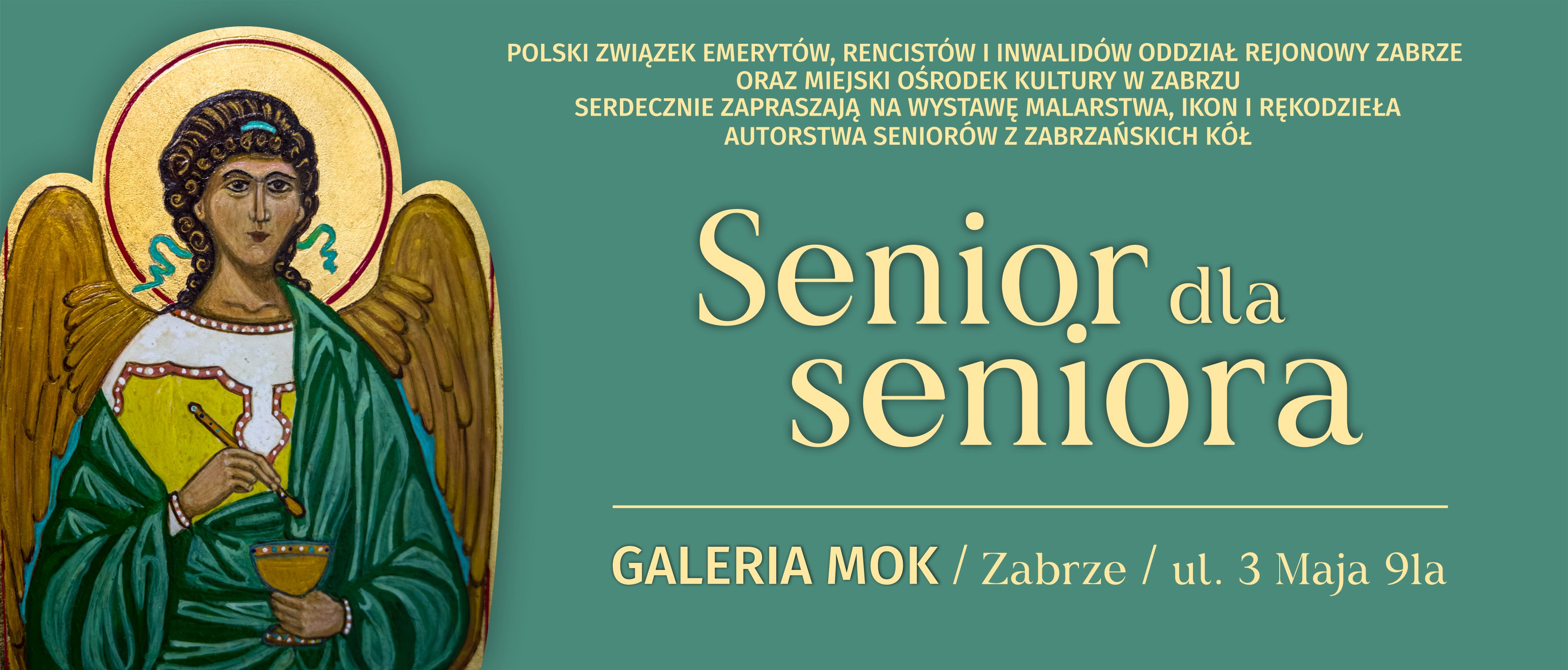 turkusowy baner z nazwą wystawy i wizerunkiem ikony