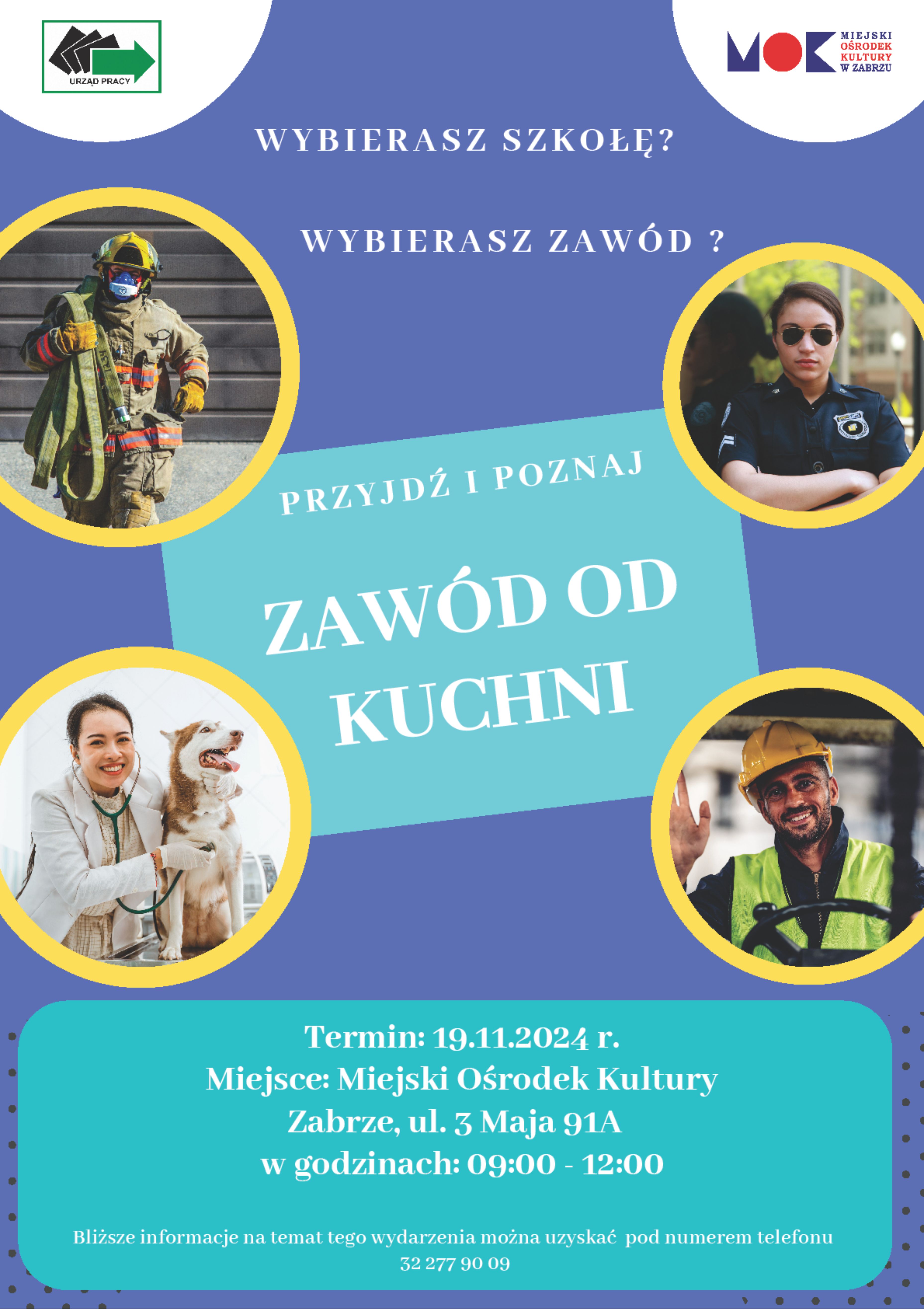 niebieski plakat ze zdjęciami ludzi, nazwą wydarzenia i informacjami