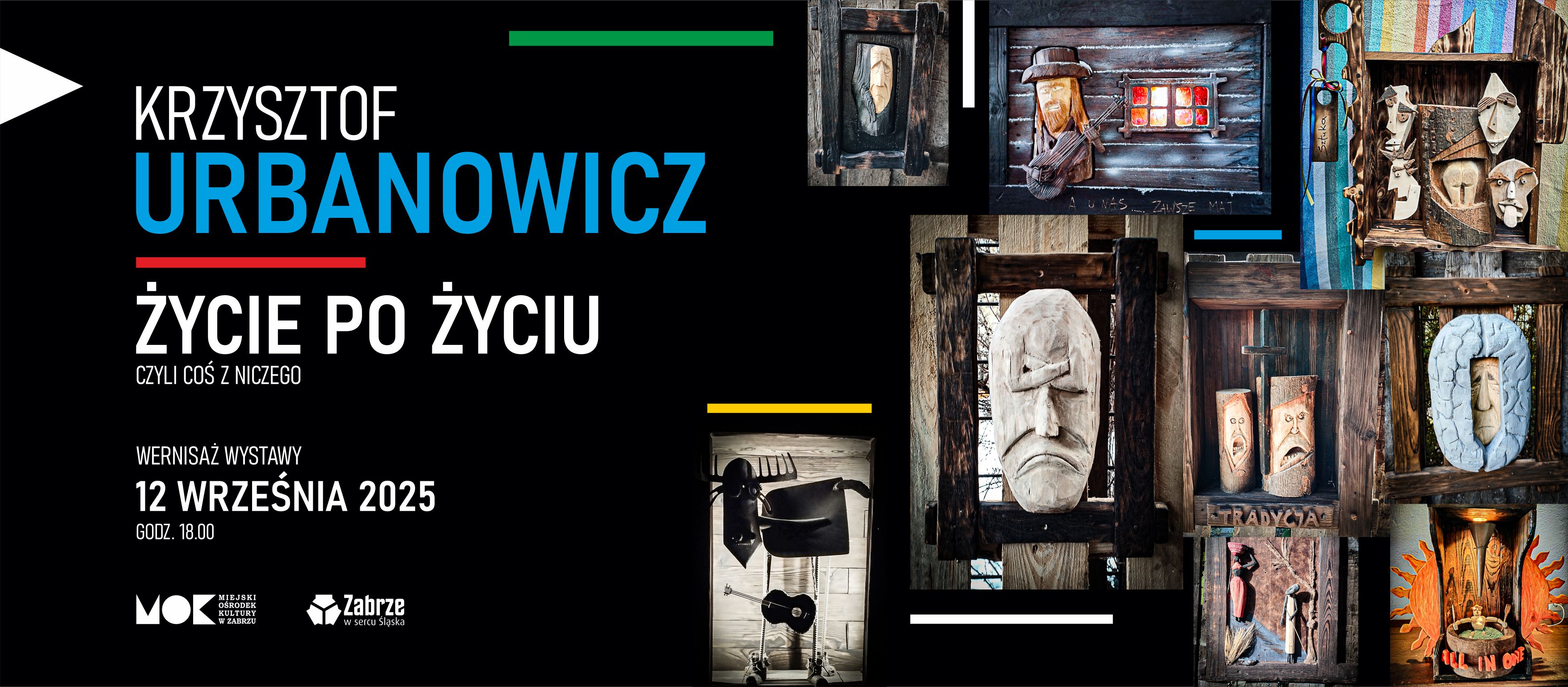 czarny baner z nazwiskiem autora, nazwą wystawy i wybranymi pracami