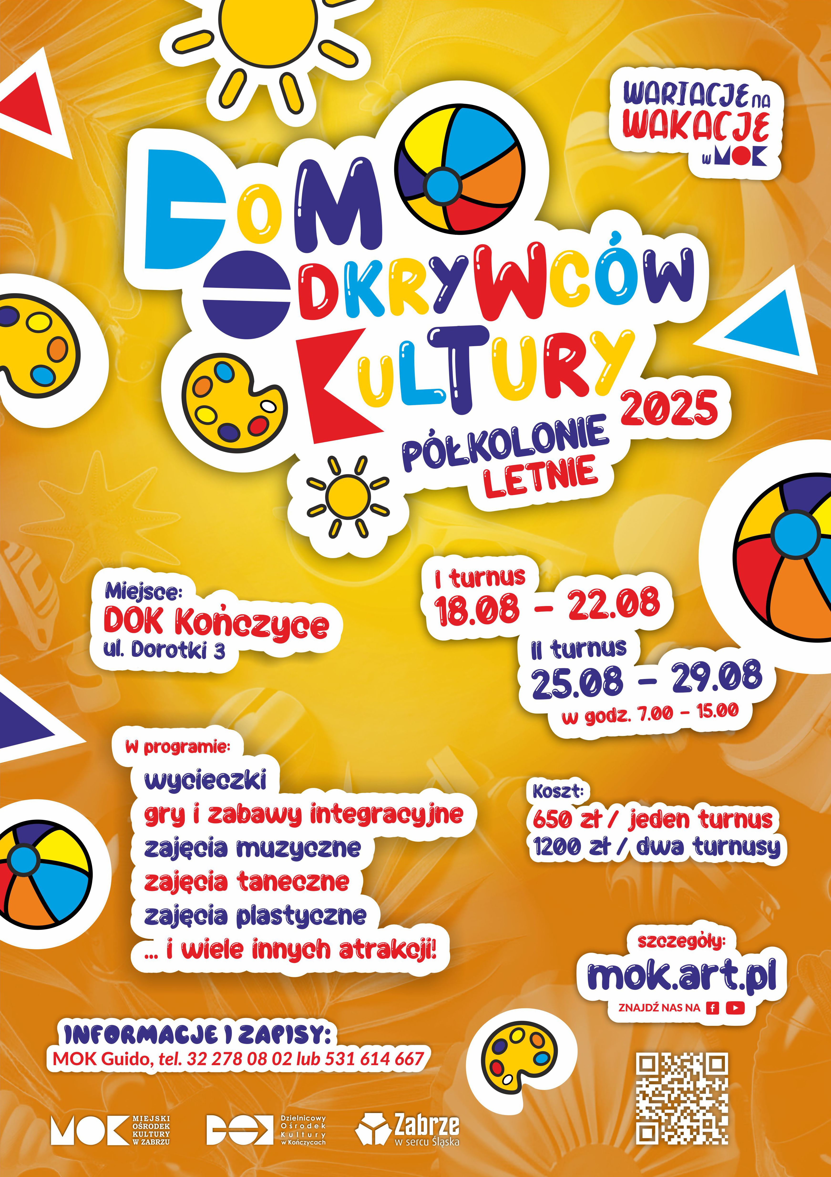 Dom Odkrywców Kultury 2025 - półkolonie letnie w DOK Kończyce pomarańczowy plakat z informacjami o półkoloniach